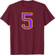 Number #5 Yellow Purple Varsity Number T-Shirt - T-Shirt | Maroon