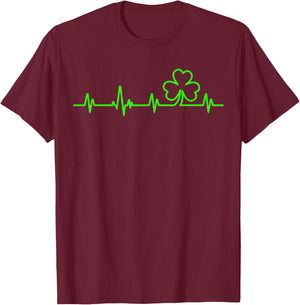 St Patricks Day Lucky Irish Clover Heartbeat Shamrock T-Shirt - T-Shirt | Maroon