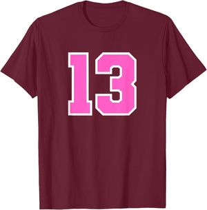 Number #13 Sport Pink Varsity Number T-Shirt - T-Shirt | Maroon