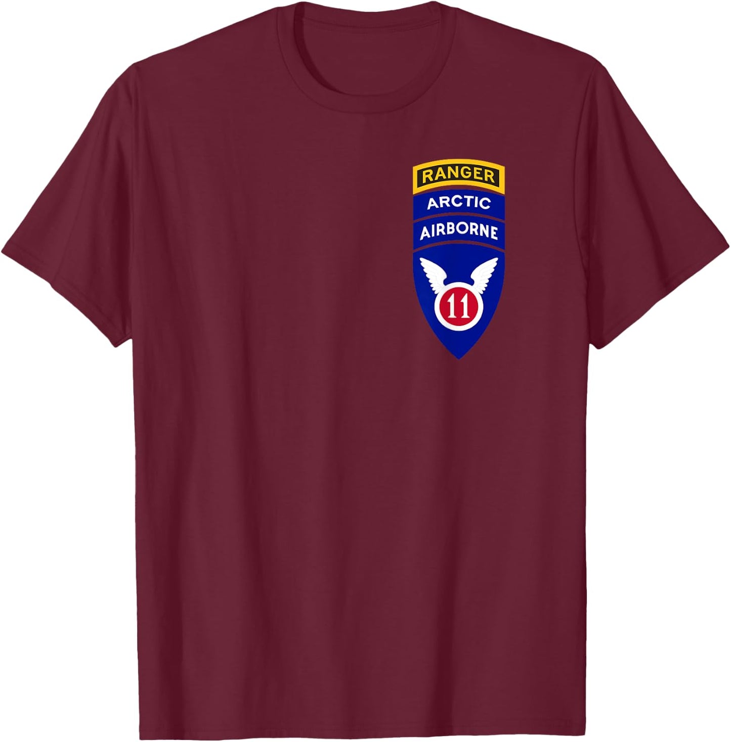11th Airborne Division Patch & Ranger Tab - Arctic Angels T-Shirt - T-Shirt | Maroon