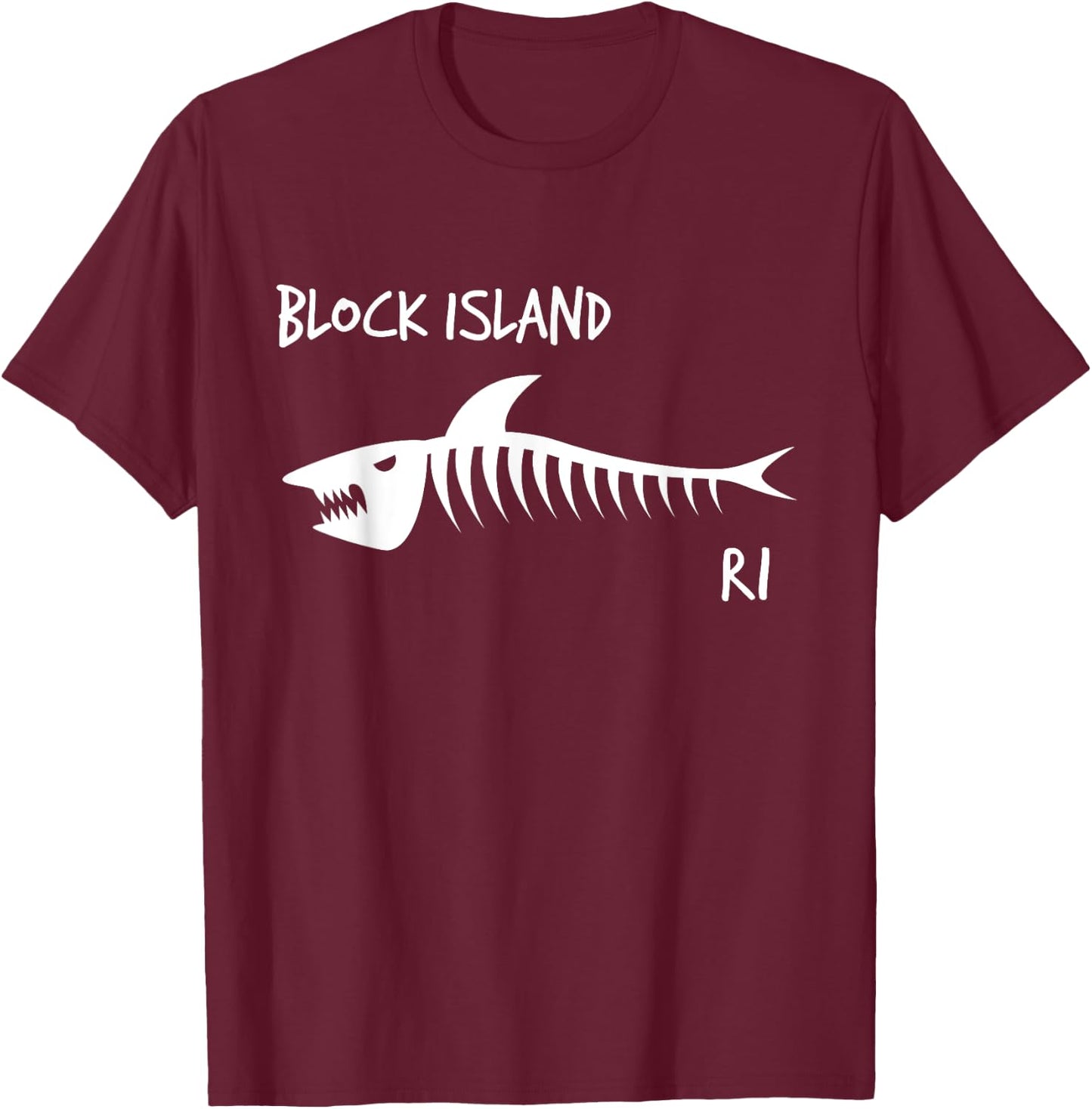 Block Island RI Shark Skeleton White Print T-Shirt - T-Shirt | Maroon