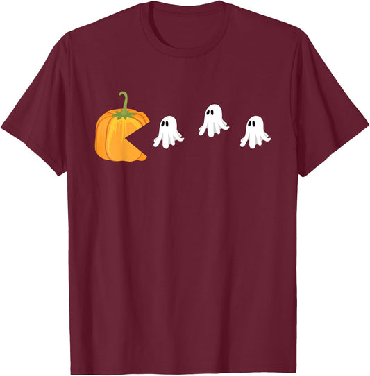 Pumpkin Eat Ghost Video Game Funny Gaming Halloween Gifts T-Shirt - T-Shirt | Maroon