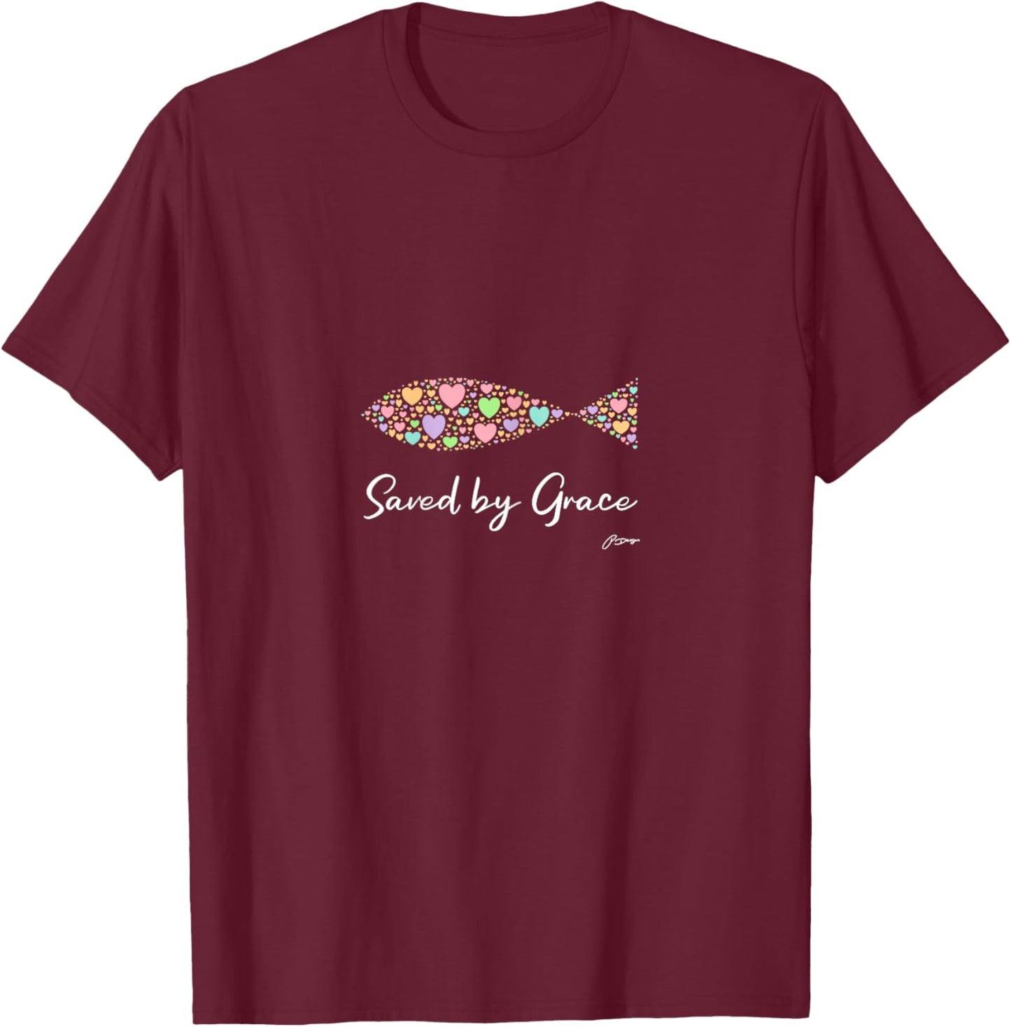 Modern christian ichthys (ichthus Ixoyc) Saved by Grace T-Shirt - T-Shirt | Maroon