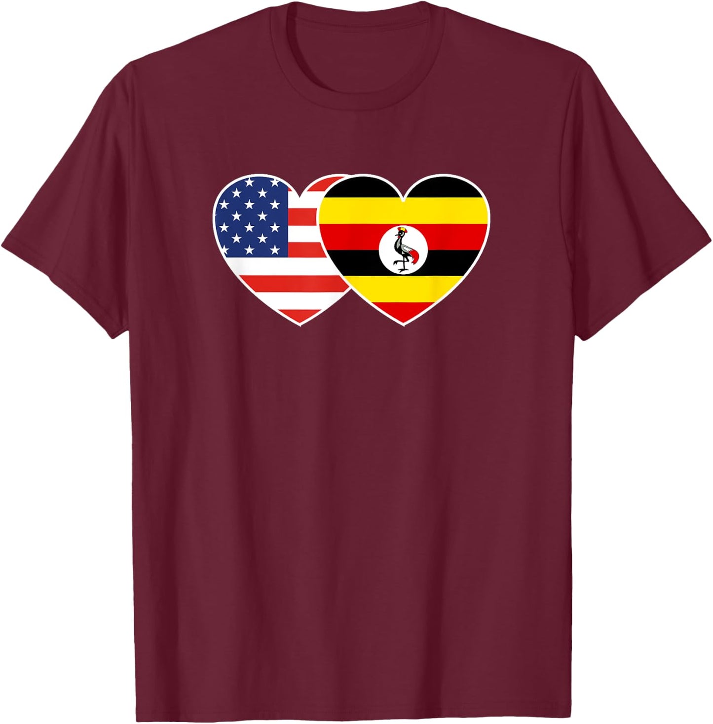 Uganda USA Flag Twin Heart T Shirt for Ugandan Americans T-Shirt - T-Shirt | Maroon
