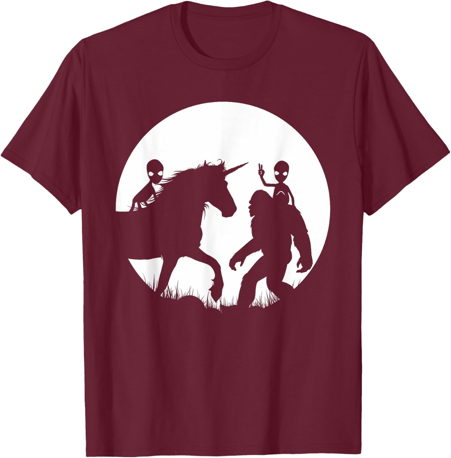 Bigfoot Unicron And Aliens! Funny Alien Riding Unicorn T-Shirt - T-Shirt | Maroon