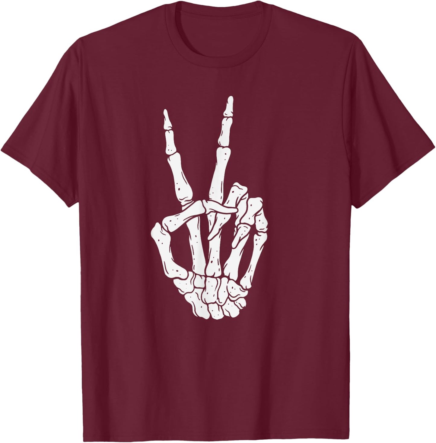 Scary Halloween Skeleton Peace Hand Sign T-Shirt - T-Shirt | Maroon