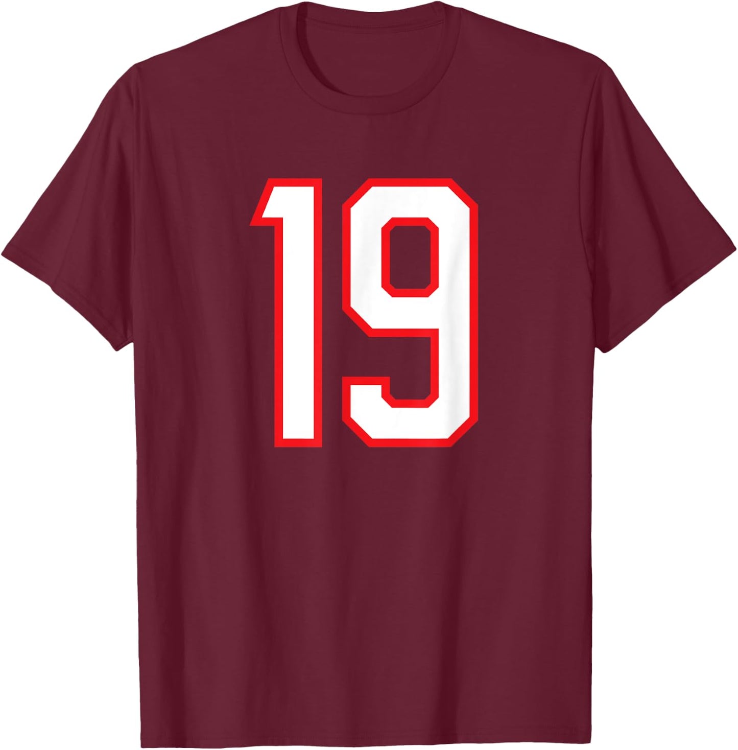 Number #19 White Red Sports Team Varsity Number T-Shirt - T-Shirt | Maroon