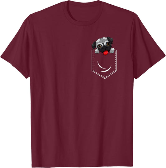 Cute Pug Peeking Out Of Pocket Funny Dog Animal Humor T-Shirt - T-Shirt | Maroon