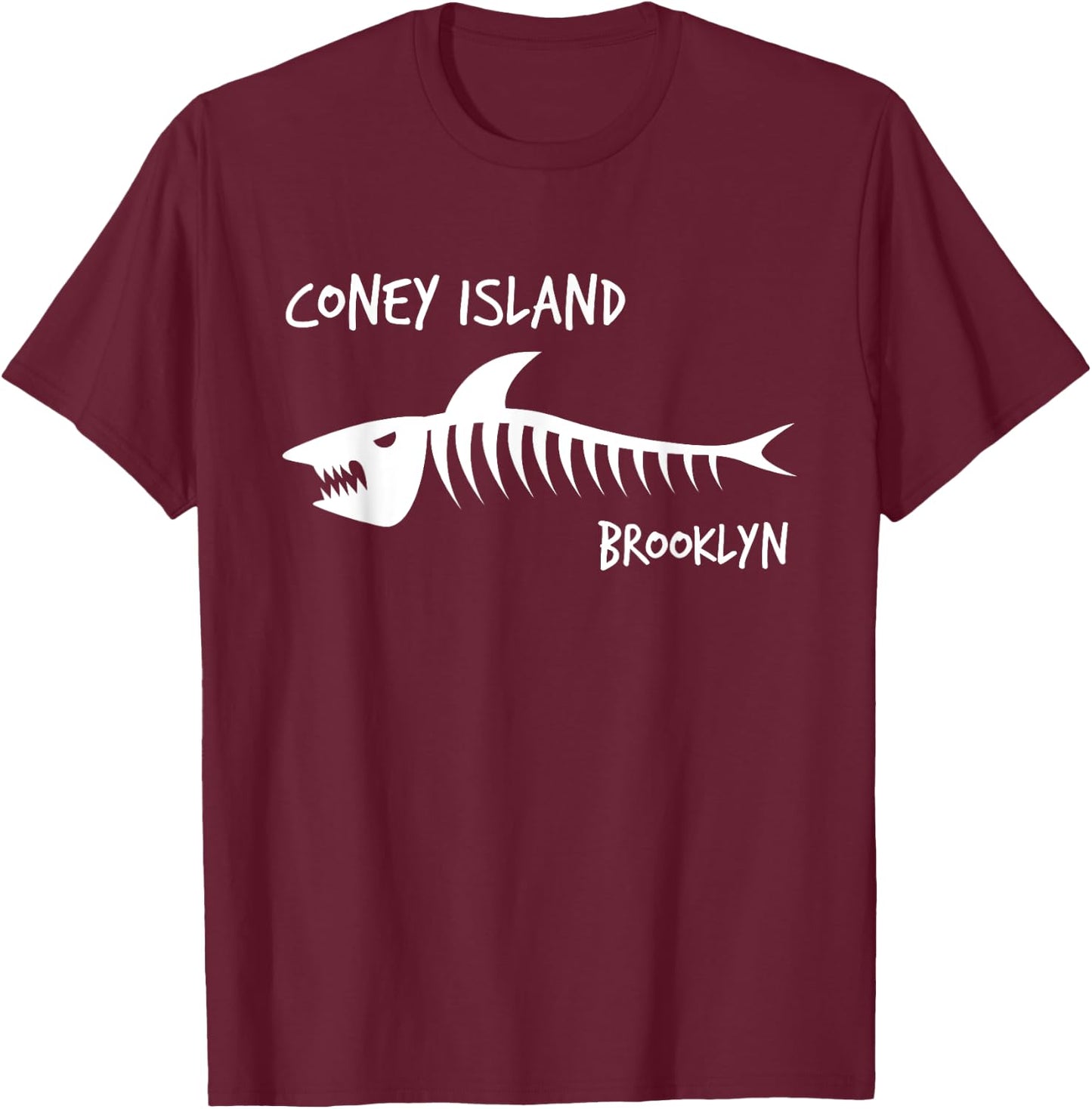 Coney Island Brooklyn Shark Skeleton White Print T-Shirt - T-Shirt | Maroon
