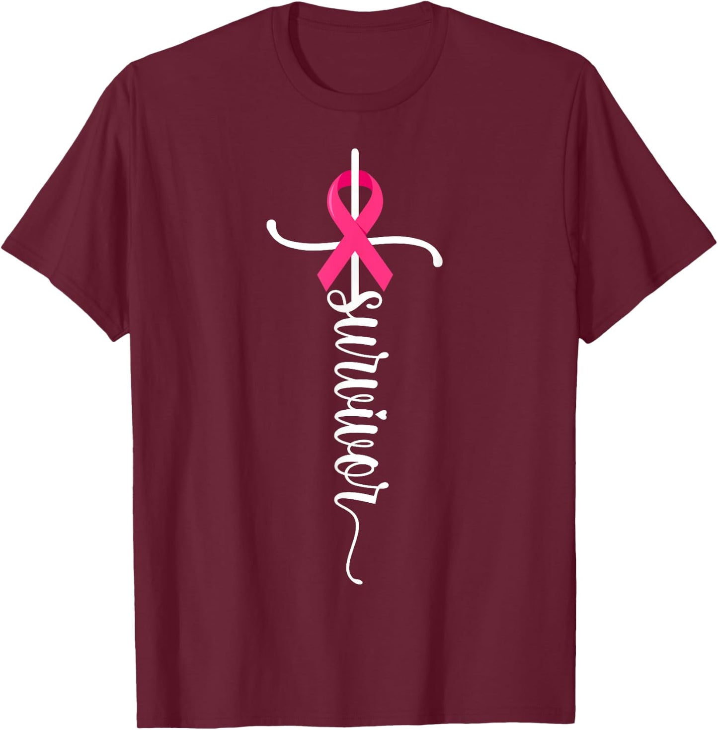 Survivor Christian Cross Warrior Pink Ribbon Breast Cancer T-Shirt - T-Shirt | Maroon