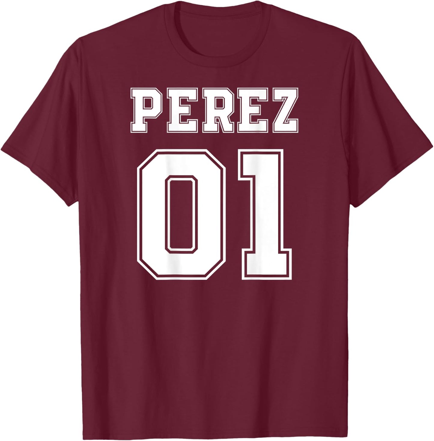 PEREZ 01 Back Print Sports Jersey Style Family Name Fun T-Shirt - T-Shirt | Maroon