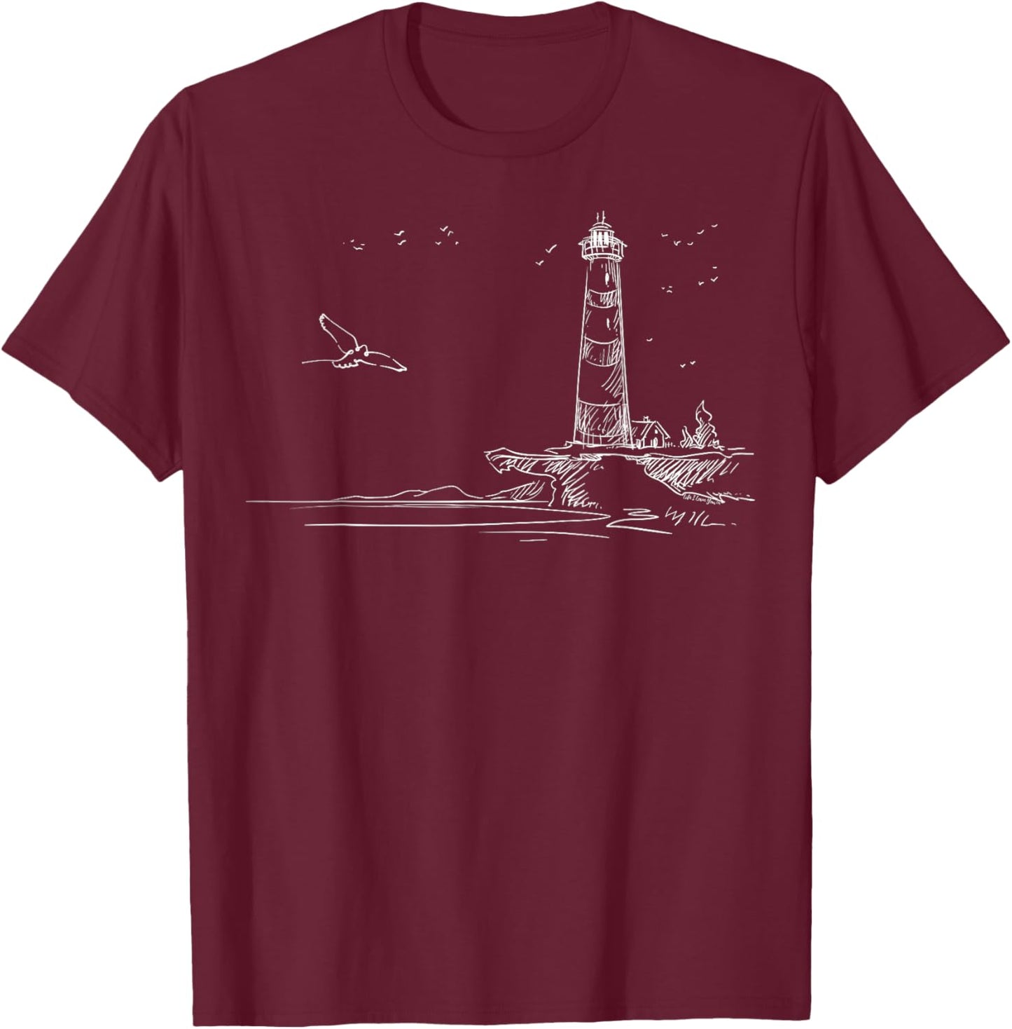Nautical Sketch Art Seaside Lighthouse T-Shirt - T-Shirt | Maroon