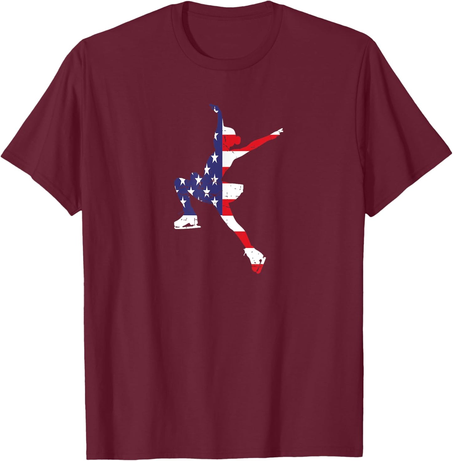 USA American Flag Girl Figure Skating Dance Ice Skater T-Shirt - T-Shirt | Maroon