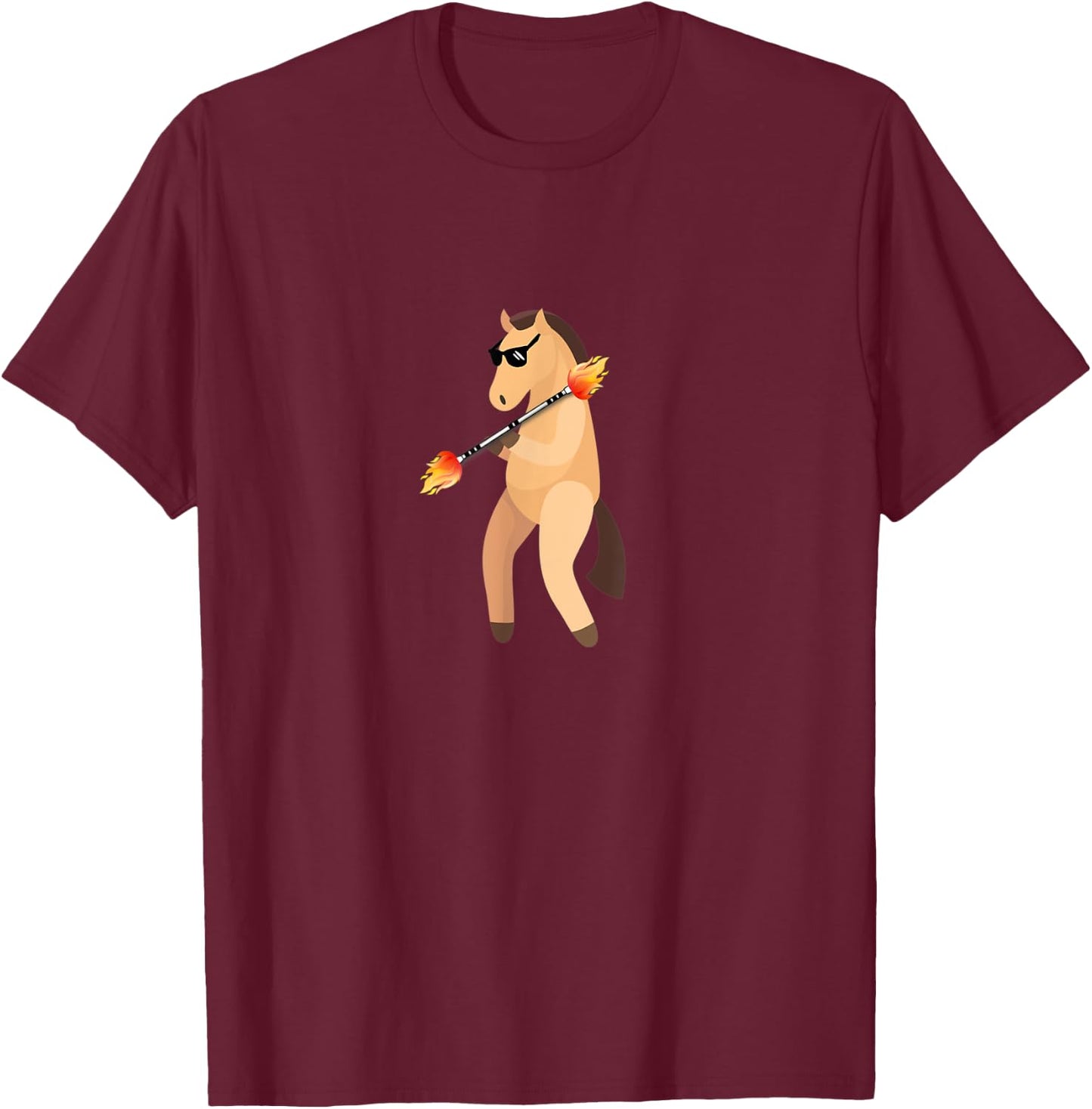 Funny Horse Wearing Sunglasses Fire Twirling T-Shirt - T-Shirt | Maroon