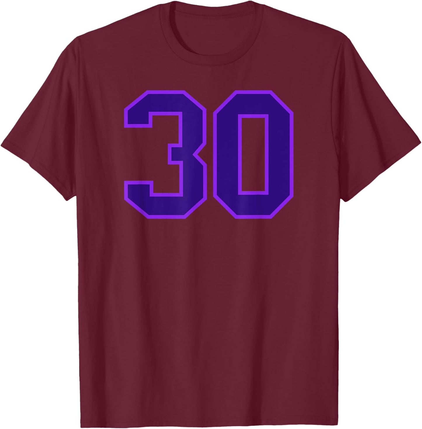 Number #30 Purple Sports Team Varsity Number T-Shirt - T-Shirt | Maroon