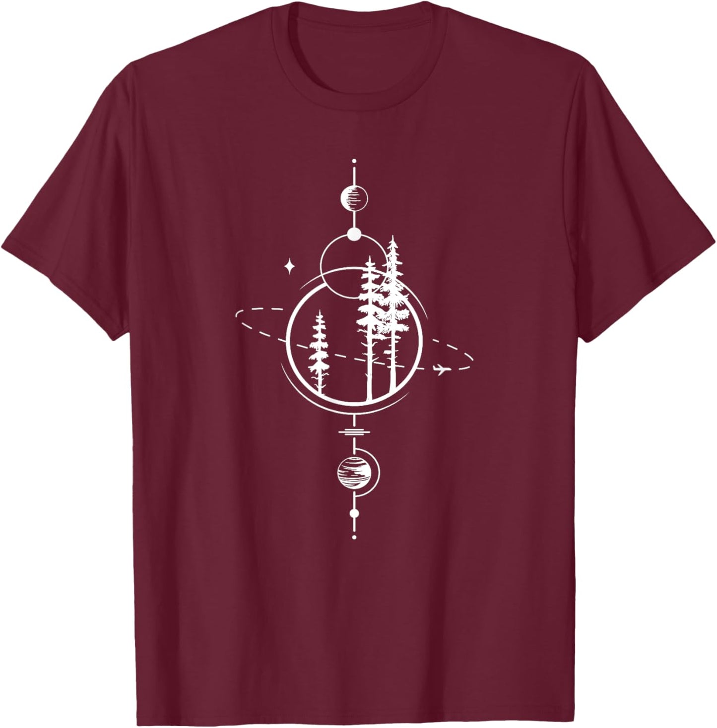 Unique Minimalist Geometry Art | Forest Space Galaxy Planets T-Shirt - T-Shirt | Maroon
