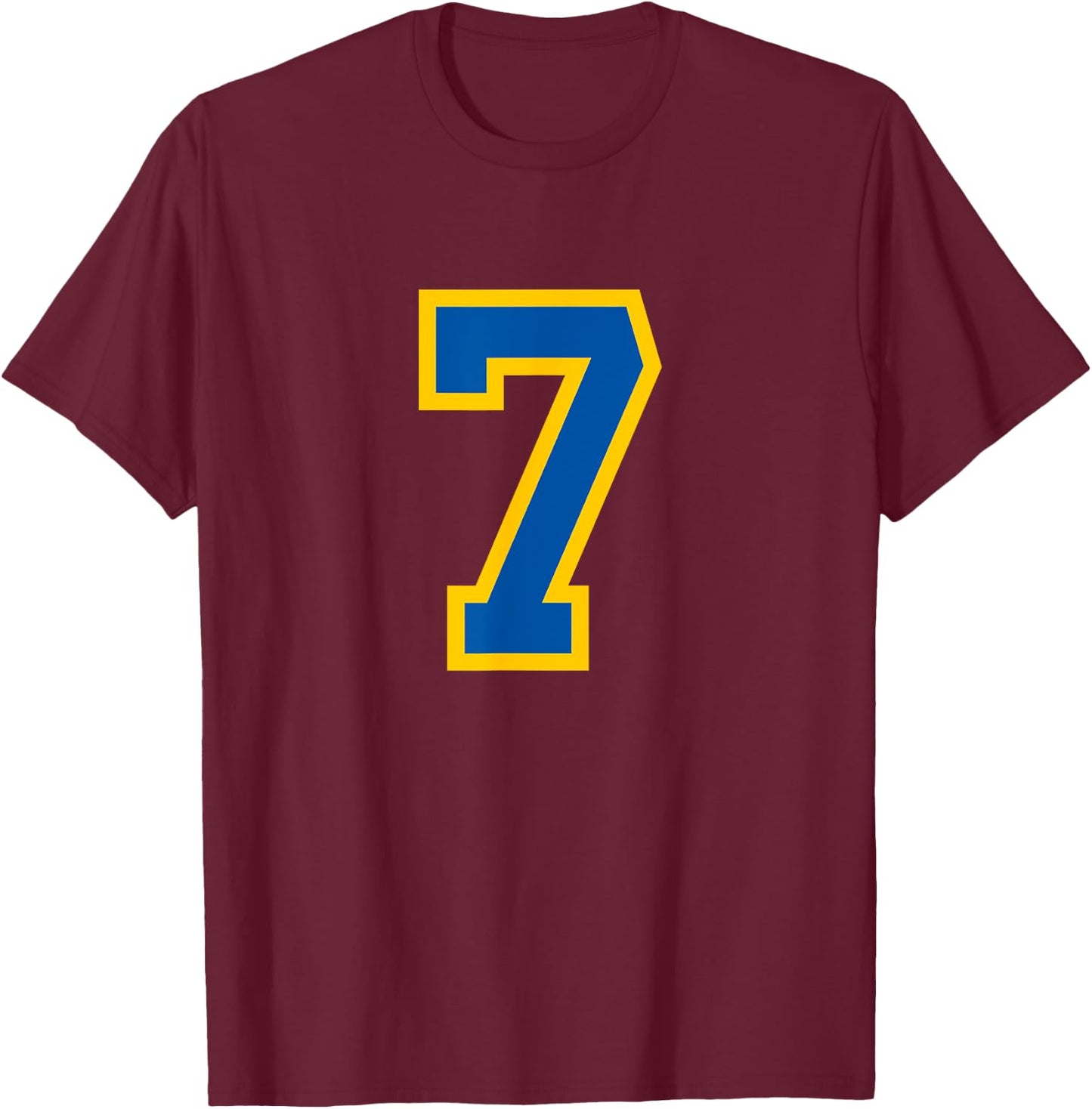 Number #7 Sport Blue Yellow Varsity Number T-Shirt - T-Shirt | Maroon