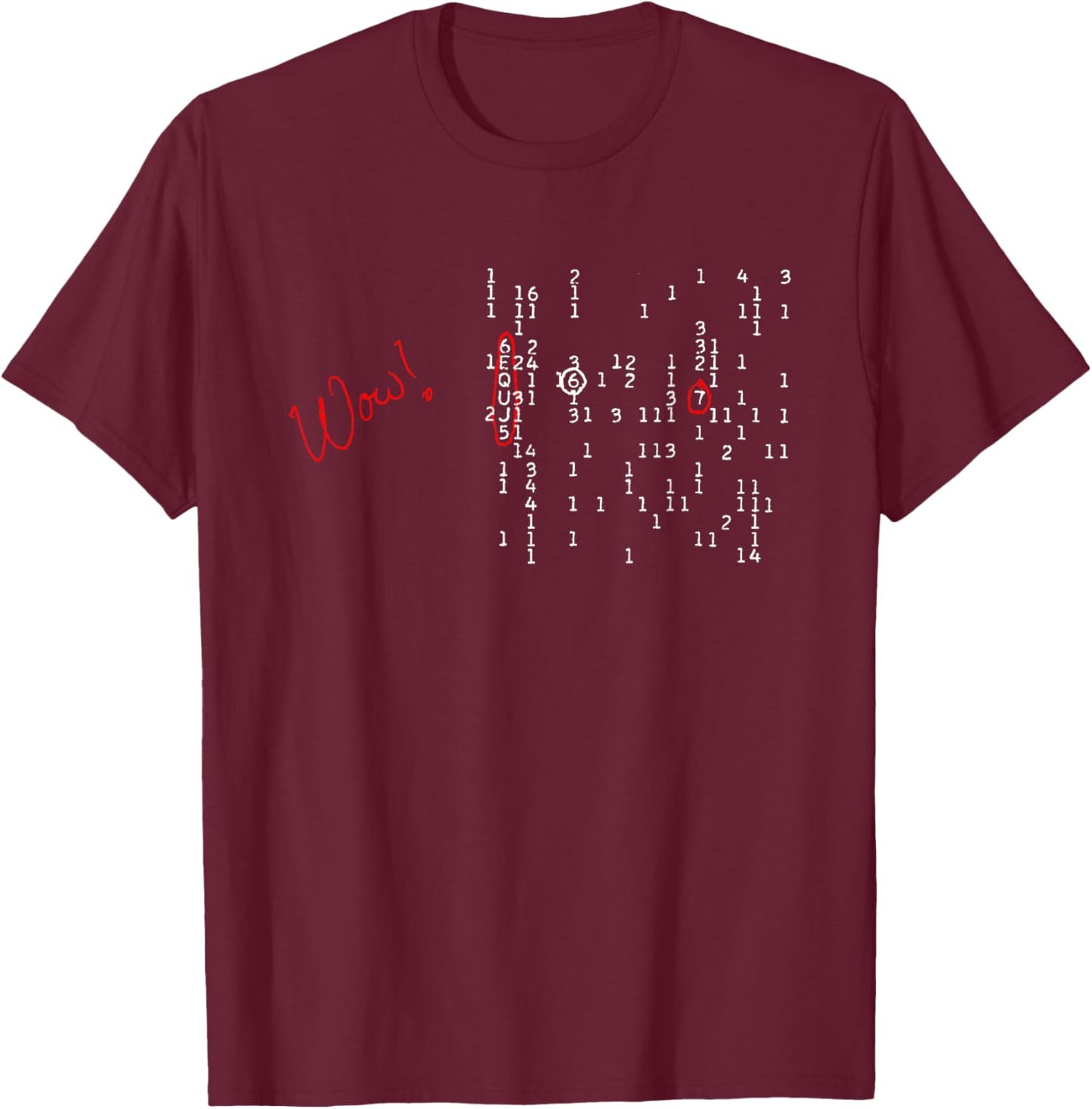WOW! signal 6EQUJ5 15 Aug 1977 Big Ear SETI ET alien (light) T-Shirt - T-Shirt | Maroon