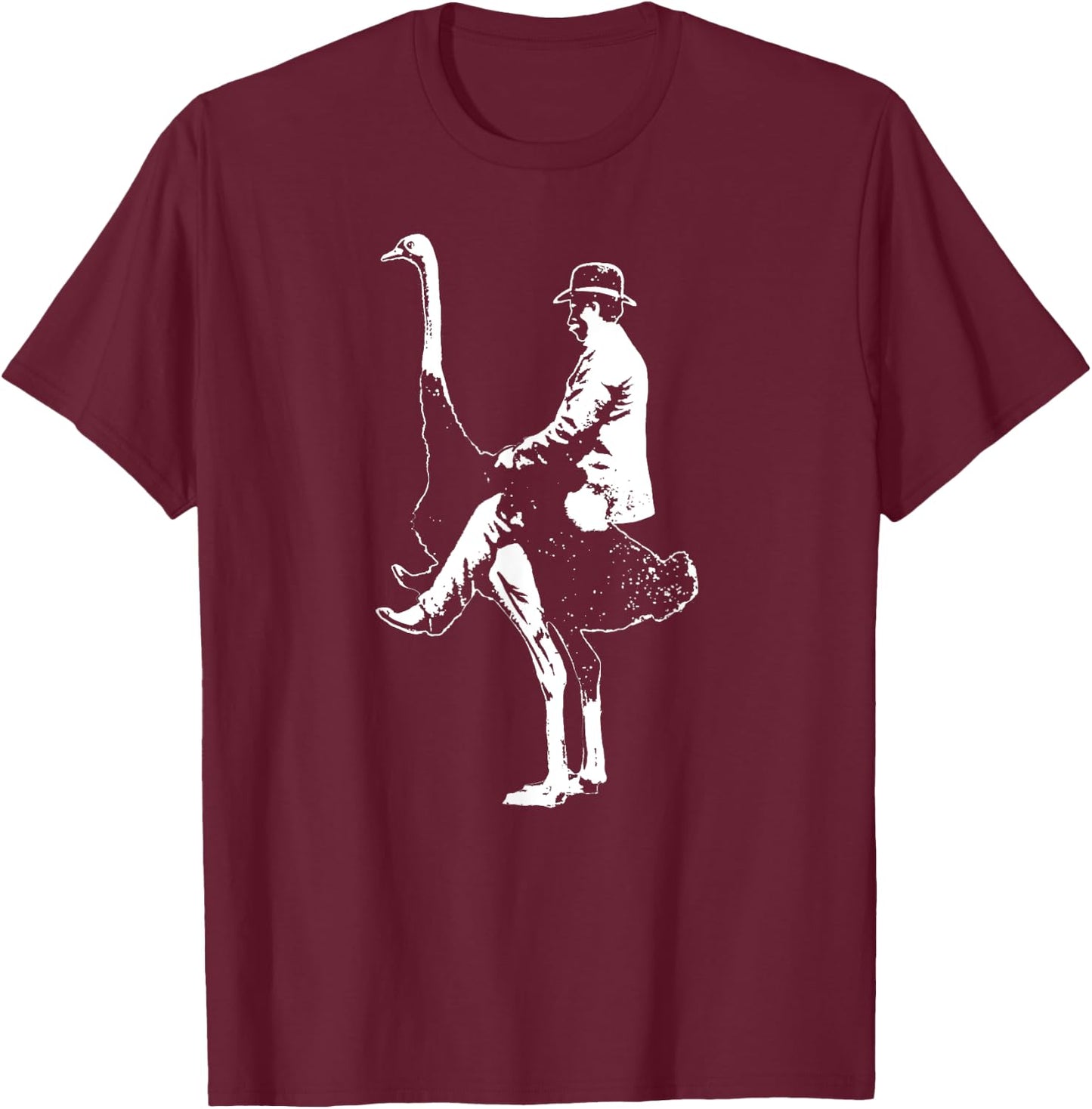 Man Riding Ostrich Funny Random Ironic Music Festival Retro T-Shirt - T-Shirt | Maroon