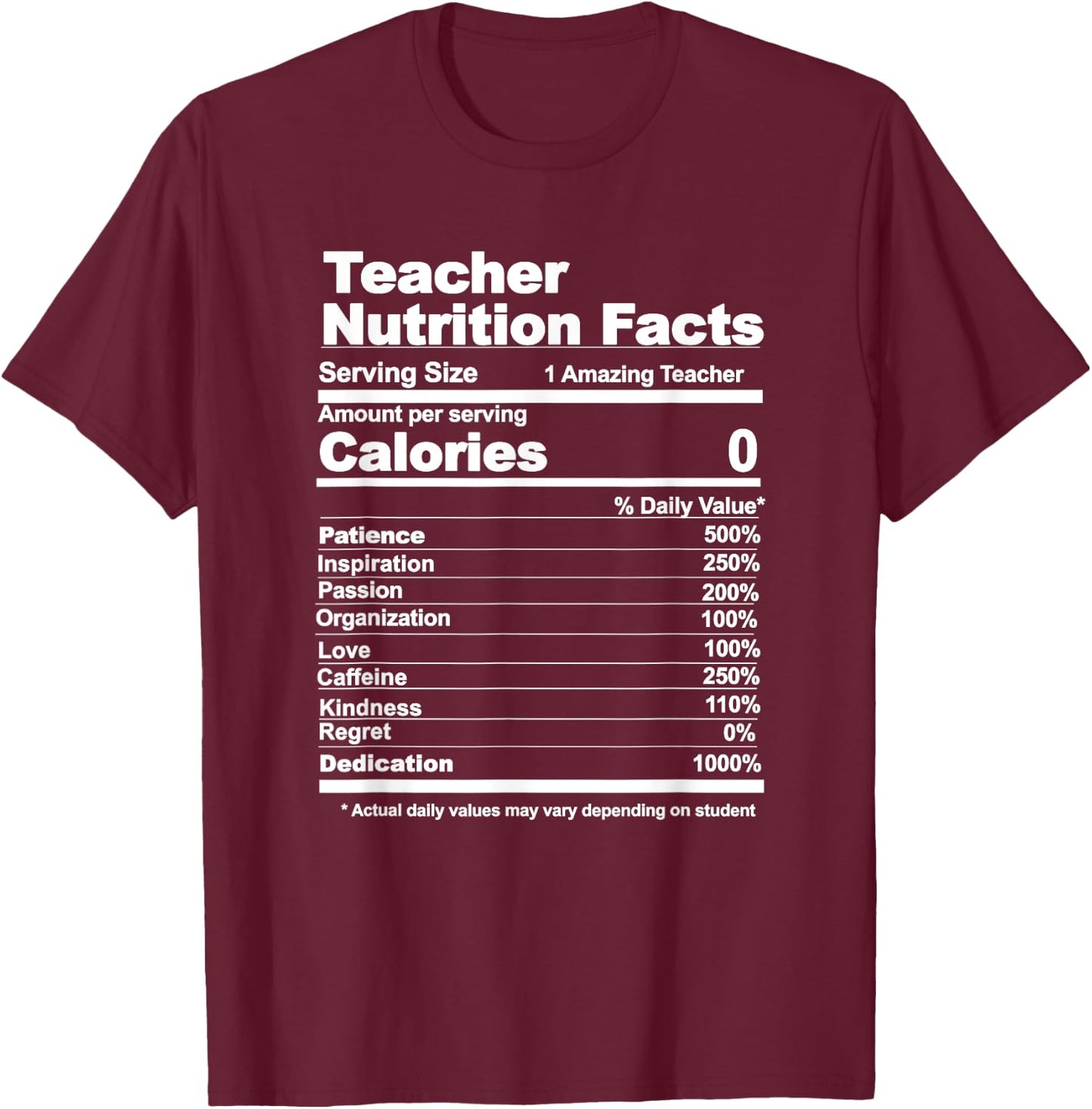 Teacher Nutrition Facts Funny Teacher Nutrition Facts Men Women T-Shirt - T-Shirt | Maroon