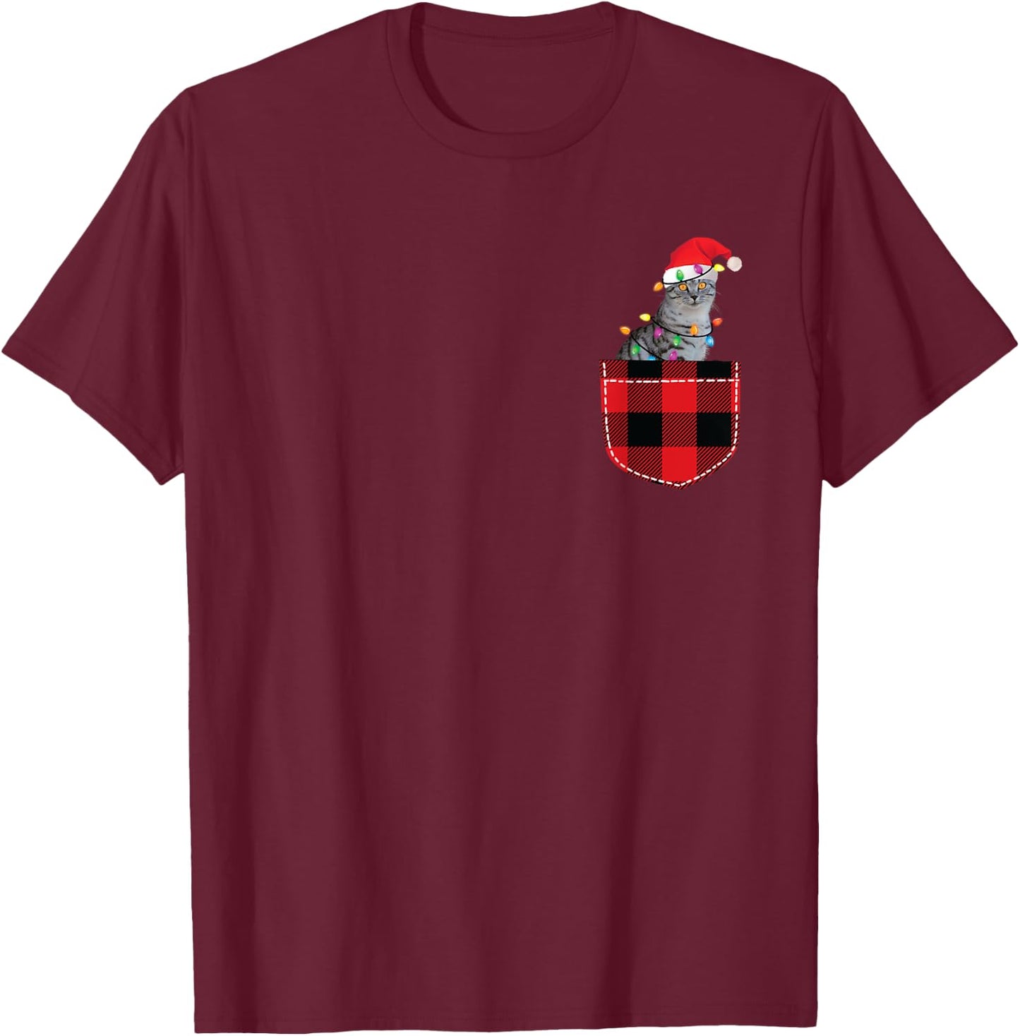 Cat in Pocket Shirt Women Men Funny Cat Christmas Plaid T-Shirt - T-Shirt | Maroon