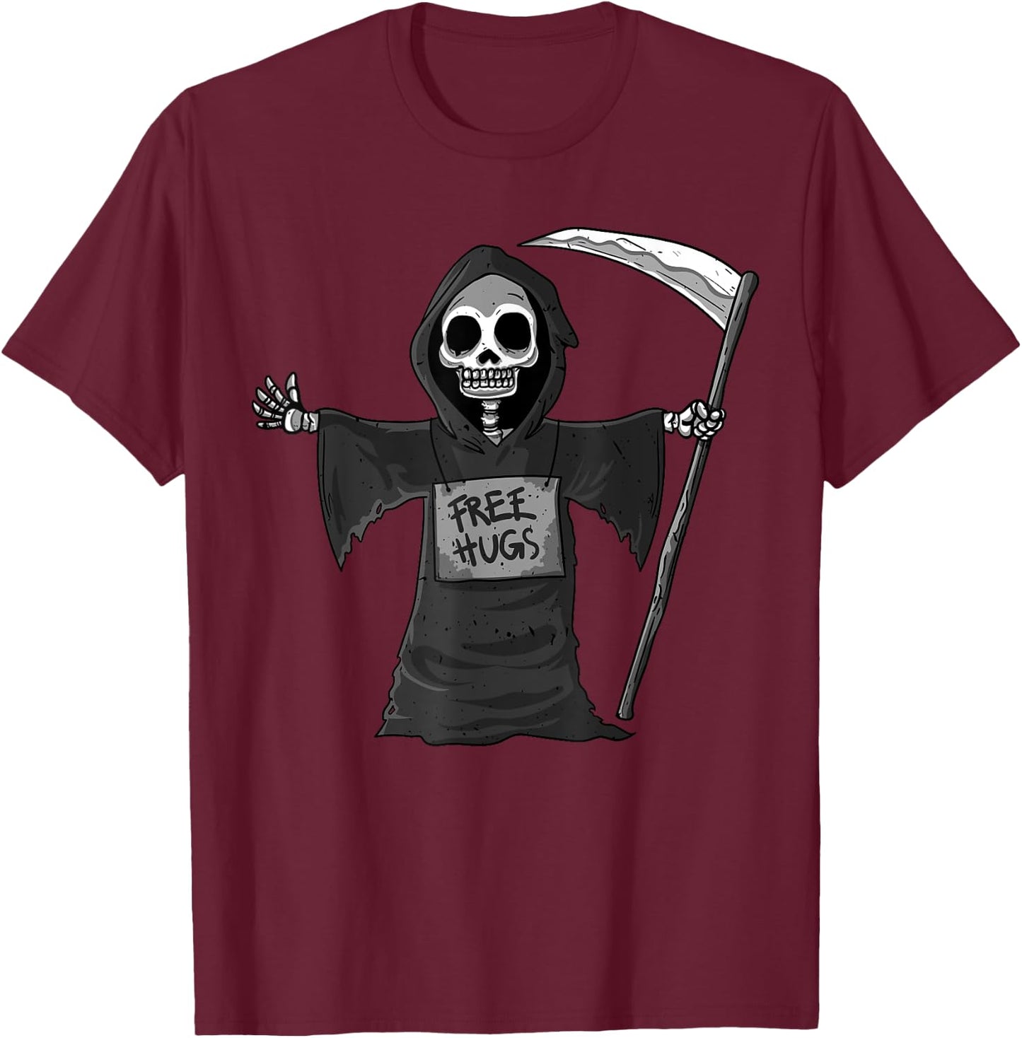 Free Hugs Grim Reaper Halloween Party Cosplay Lazy Costume T-Shirt - T-Shirt | Maroon