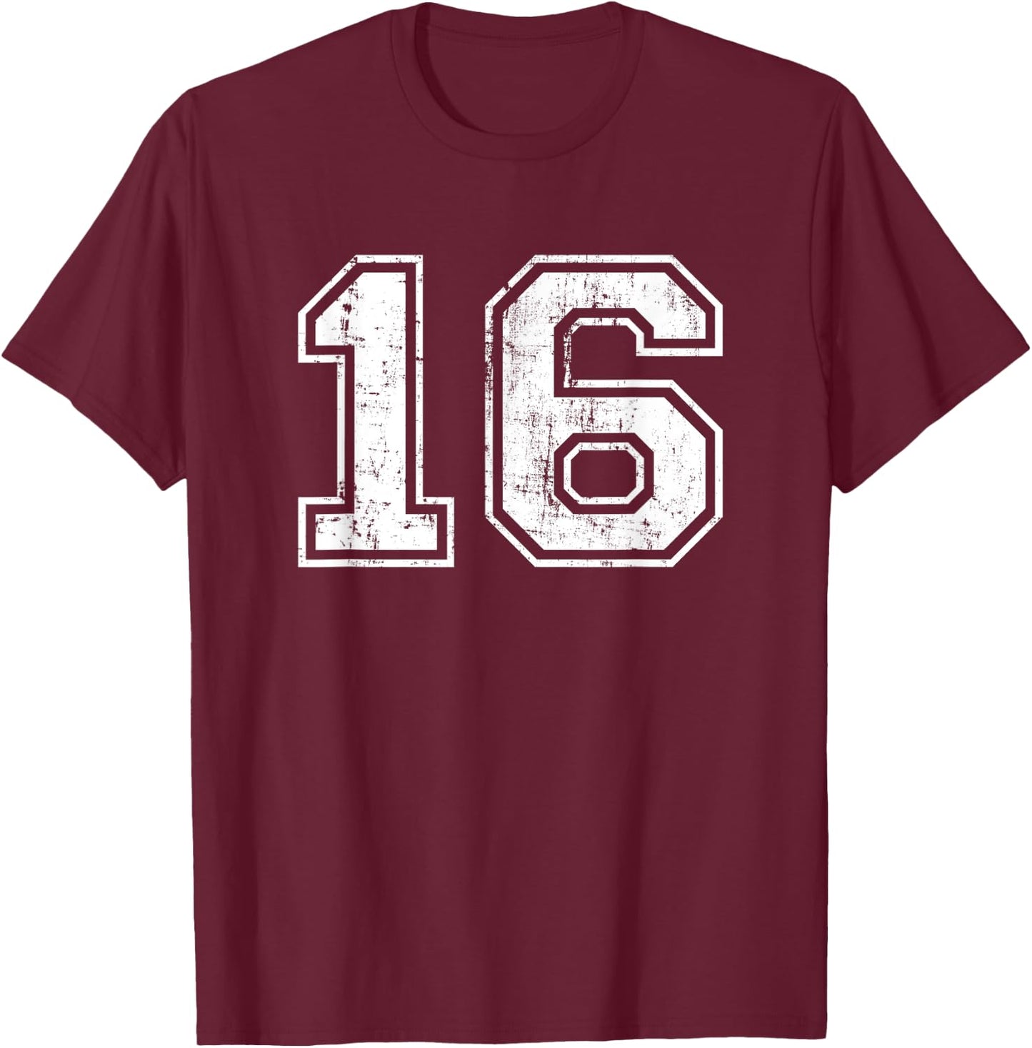 Number 16 Distressed Vintage Sixteen Sport Training Practice T-Shirt - T-Shirt | Maroon