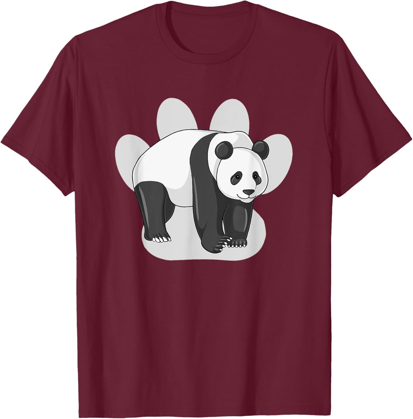 Cute Panda Bear Drawing on Paw Print Silhouette T-Shirt - T-Shirt | Maroon