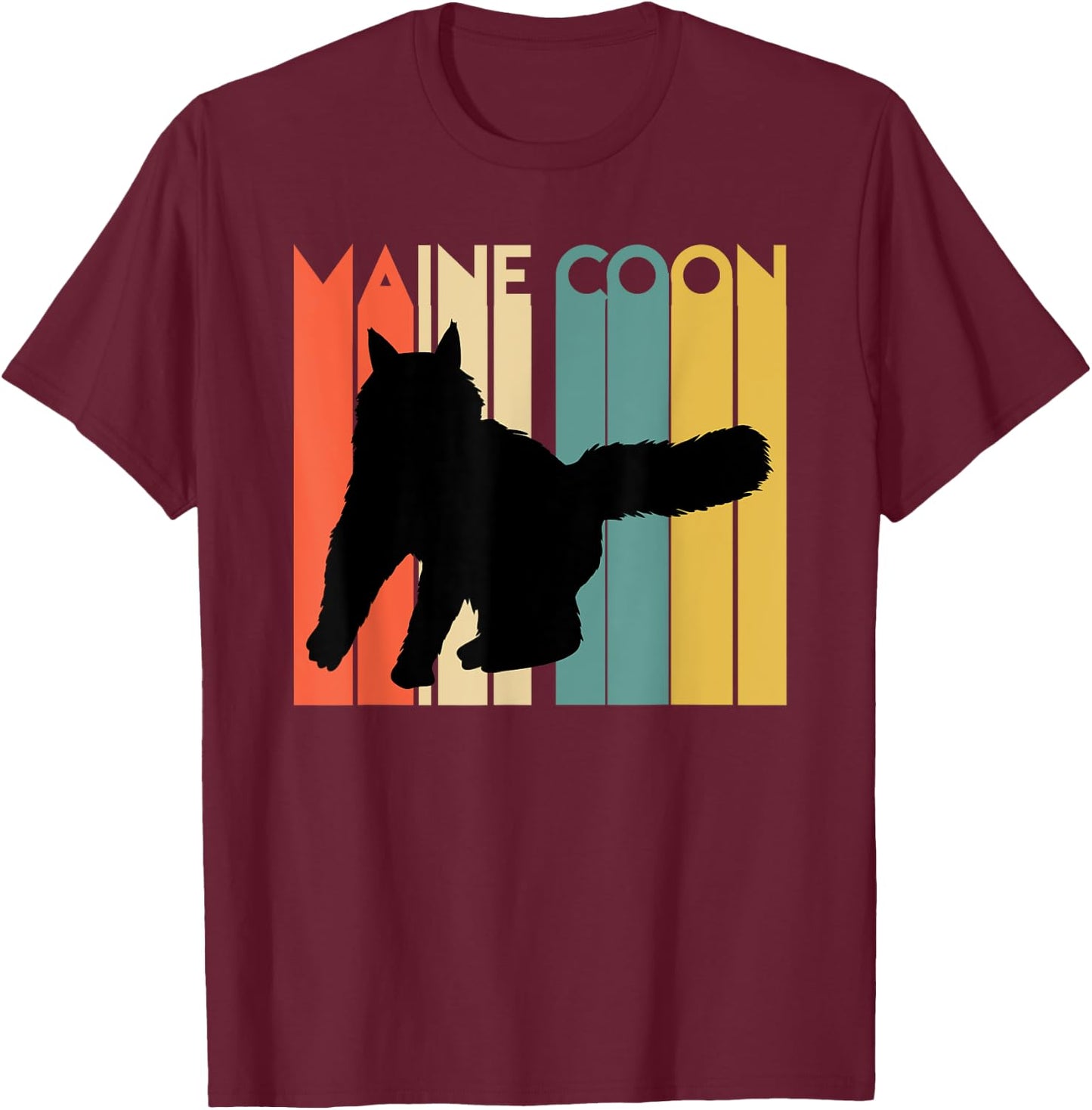 Retro Maine Coon Cat Silhouette Cool Feline Cat Lover Gift Men Women Kids T-Shirt - T-Shirt | Maroon