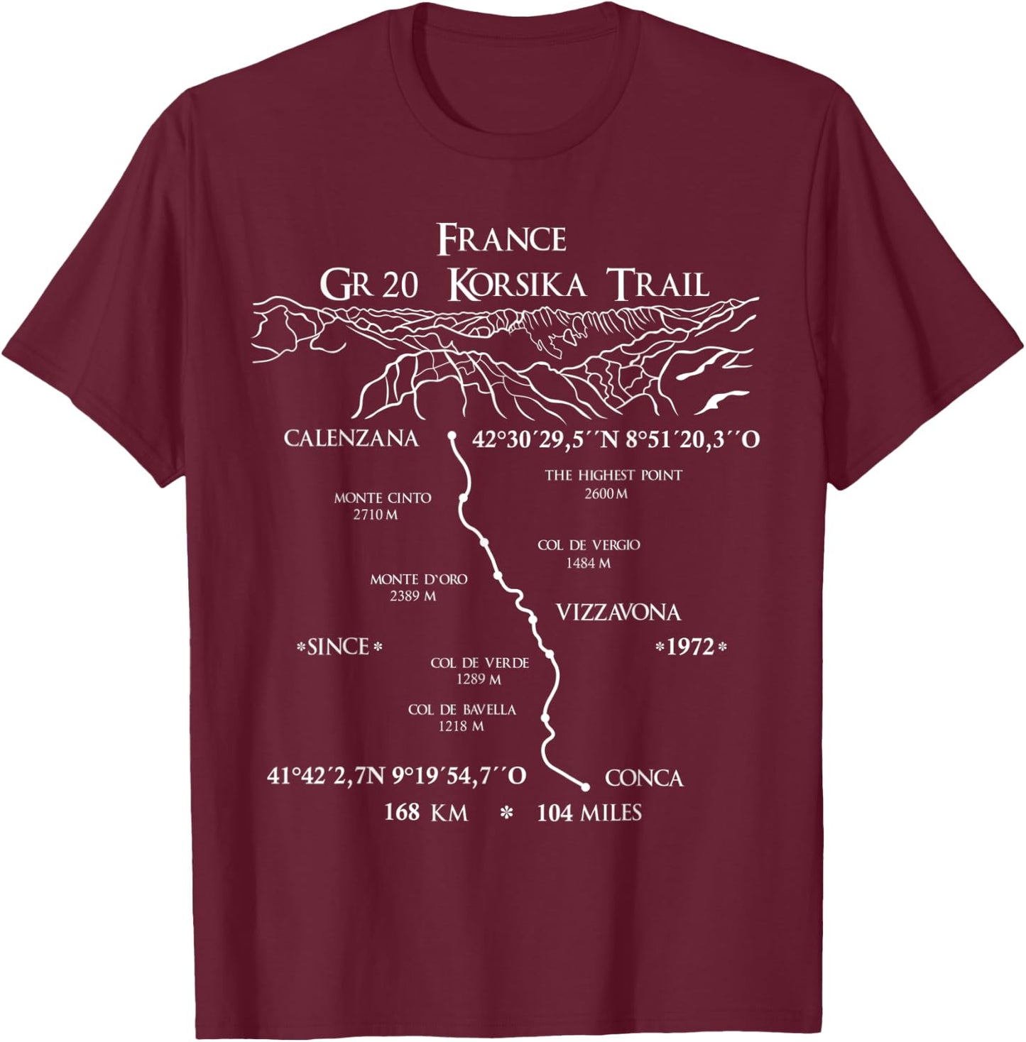 GR 20 Korsika Trail France, mountain landscape, white T-Shirt - T-Shirt | Maroon