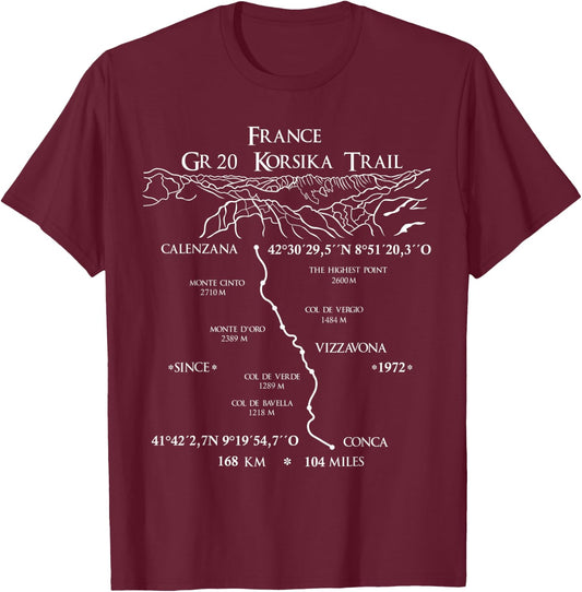 GR 20 Korsika Trail France, mountain landscape, white T-Shirt - T-Shirt | Maroon