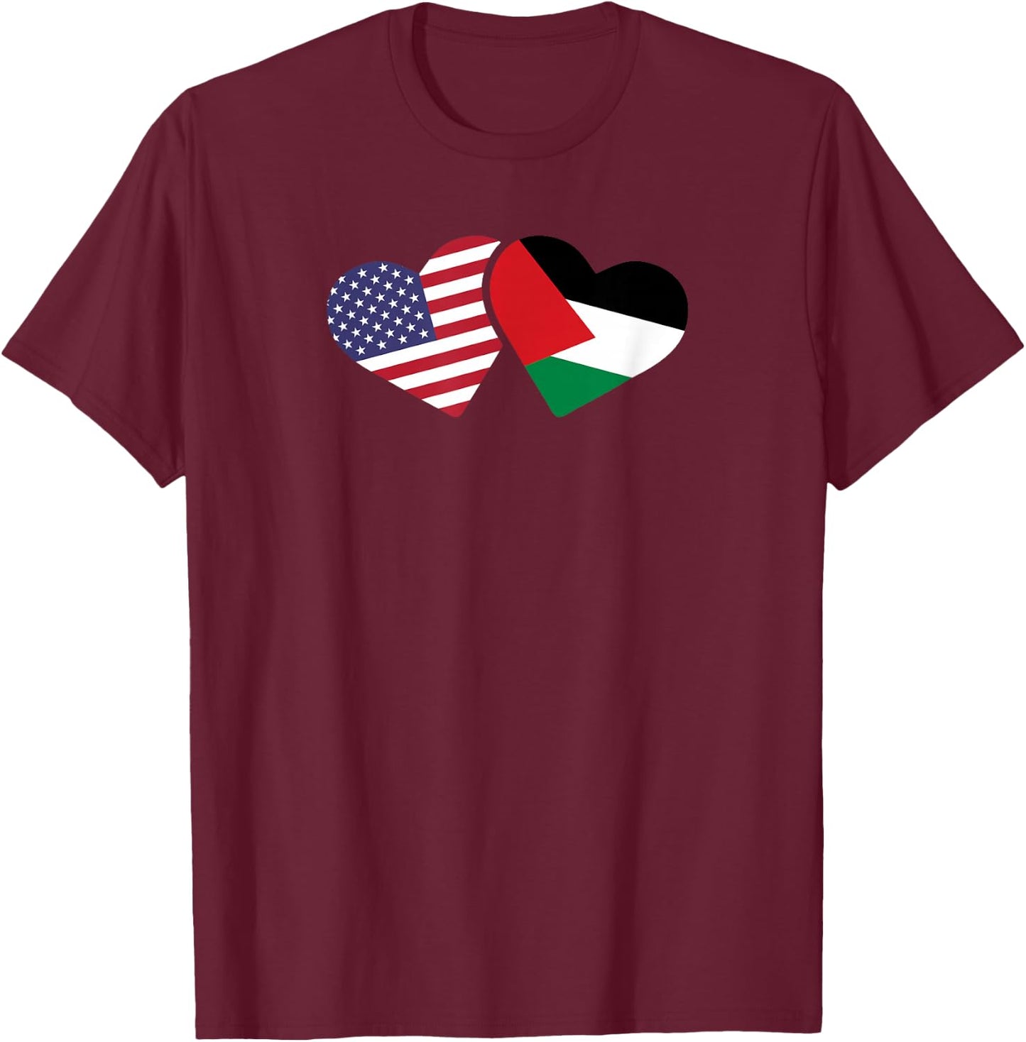 USA Palestine Flag T Shirt Heart Palestinian American Love T-Shirt - T-Shirt | Maroon