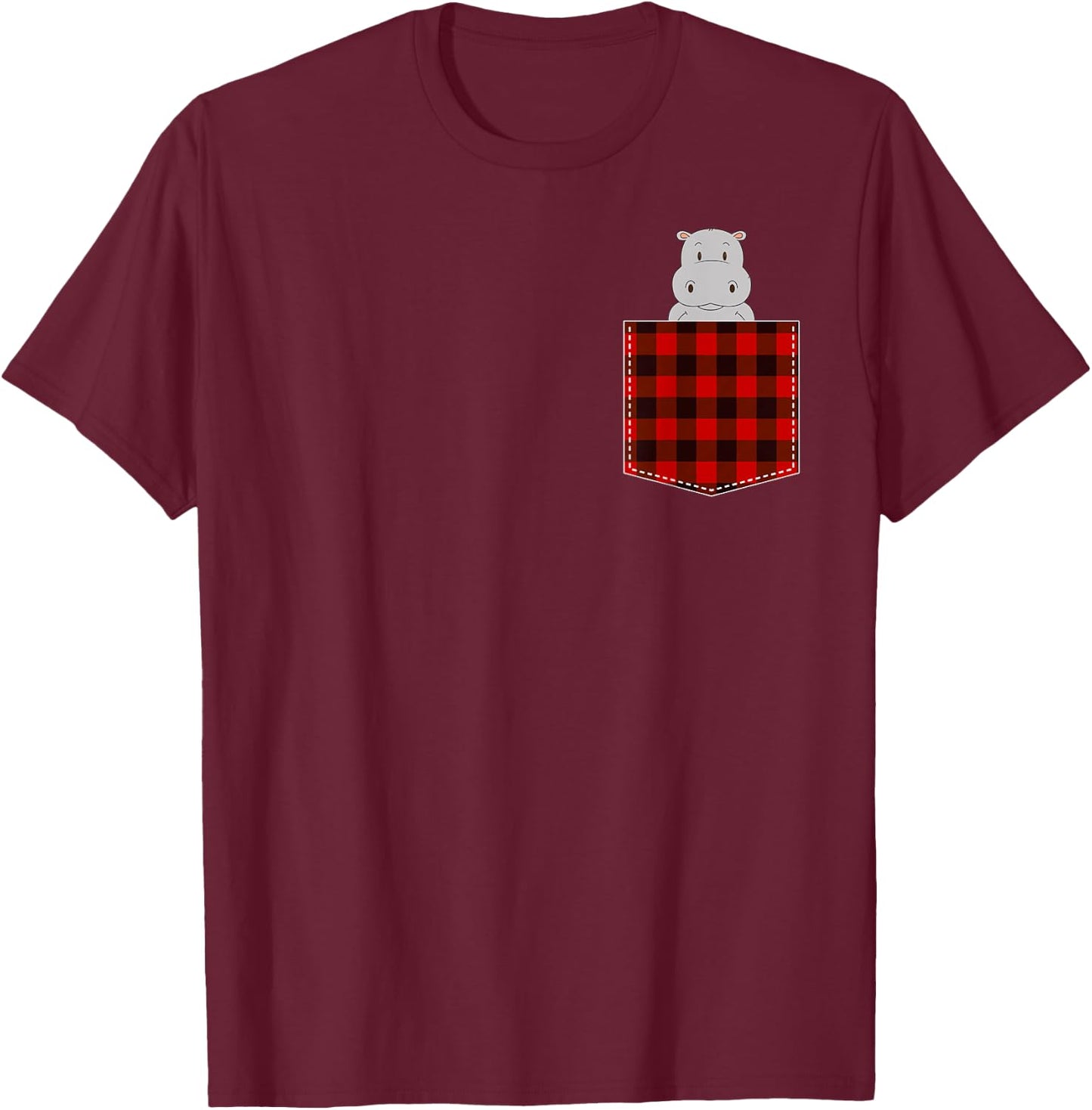 Red Plaid Hippopotamus in Pocket Buffalo Family Pyjamas Hippo T-Shirt - T-Shirt | Maroon