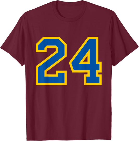 Number #24 Sport Blue Yellow Number T-Shirt - T-Shirt | Maroon