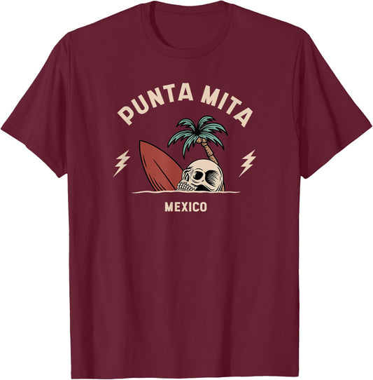 Punta Mita Mexico Vintage Surfing Skeleton Skull T-Shirt - T-Shirt | Maroon