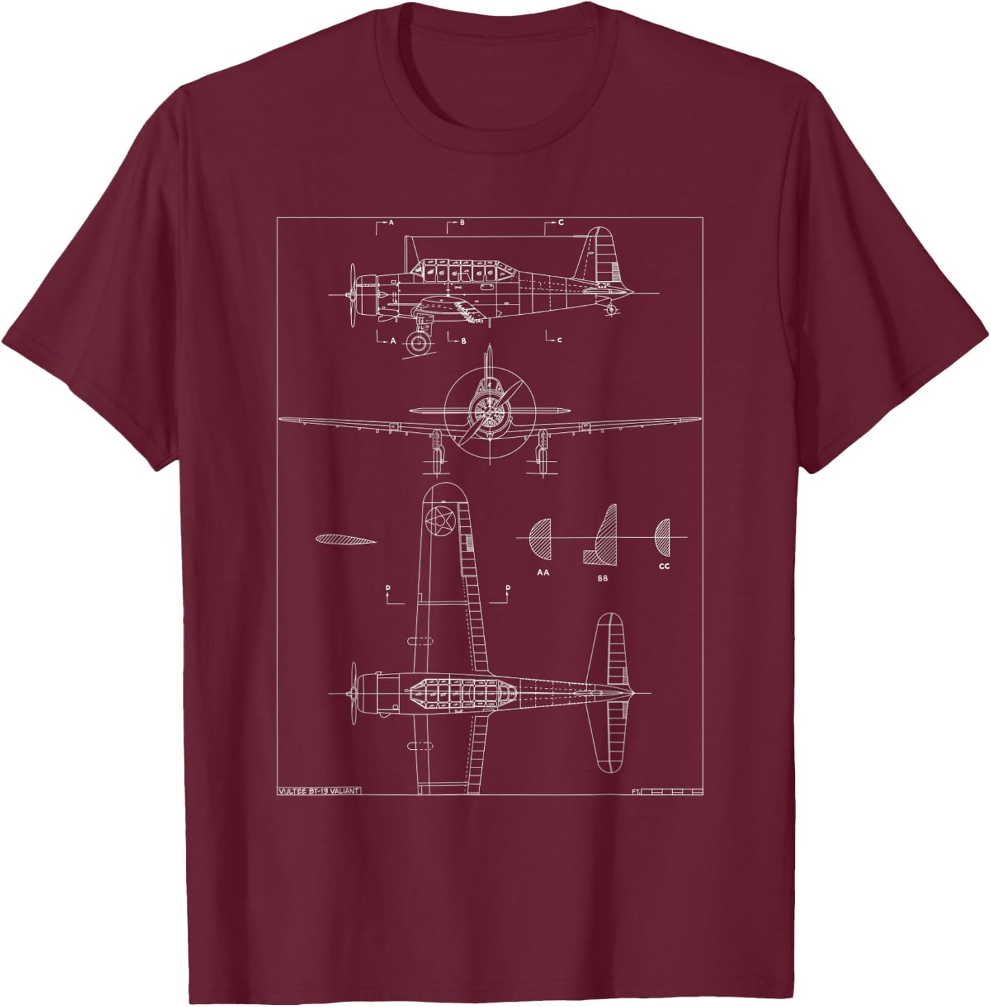Vultee BT-13 Valiant WW2 Basic Trainer Aircraft Blueprint T-Shirt - T-Shirt | Maroon