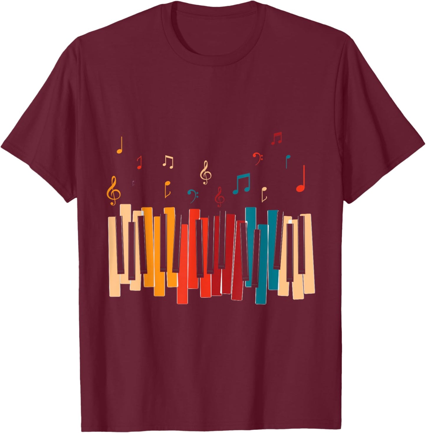 Music Notes Colorful Keyboard Piano T-Shirt - T-Shirt | Maroon
