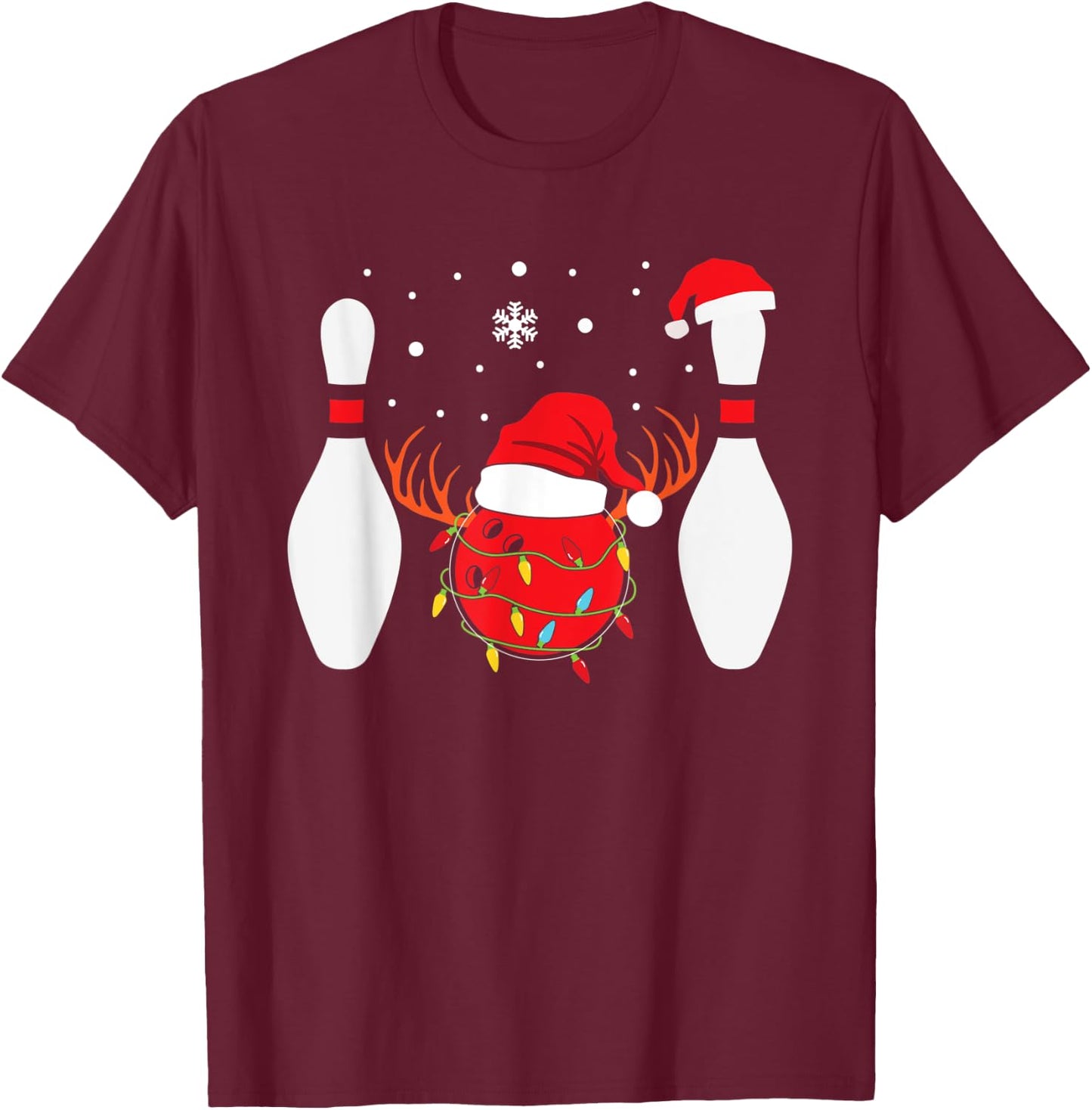 Christmas Bowling Ball Bowling Pins Santa Hat Reindeer T-Shirt - T-Shirt | Maroon