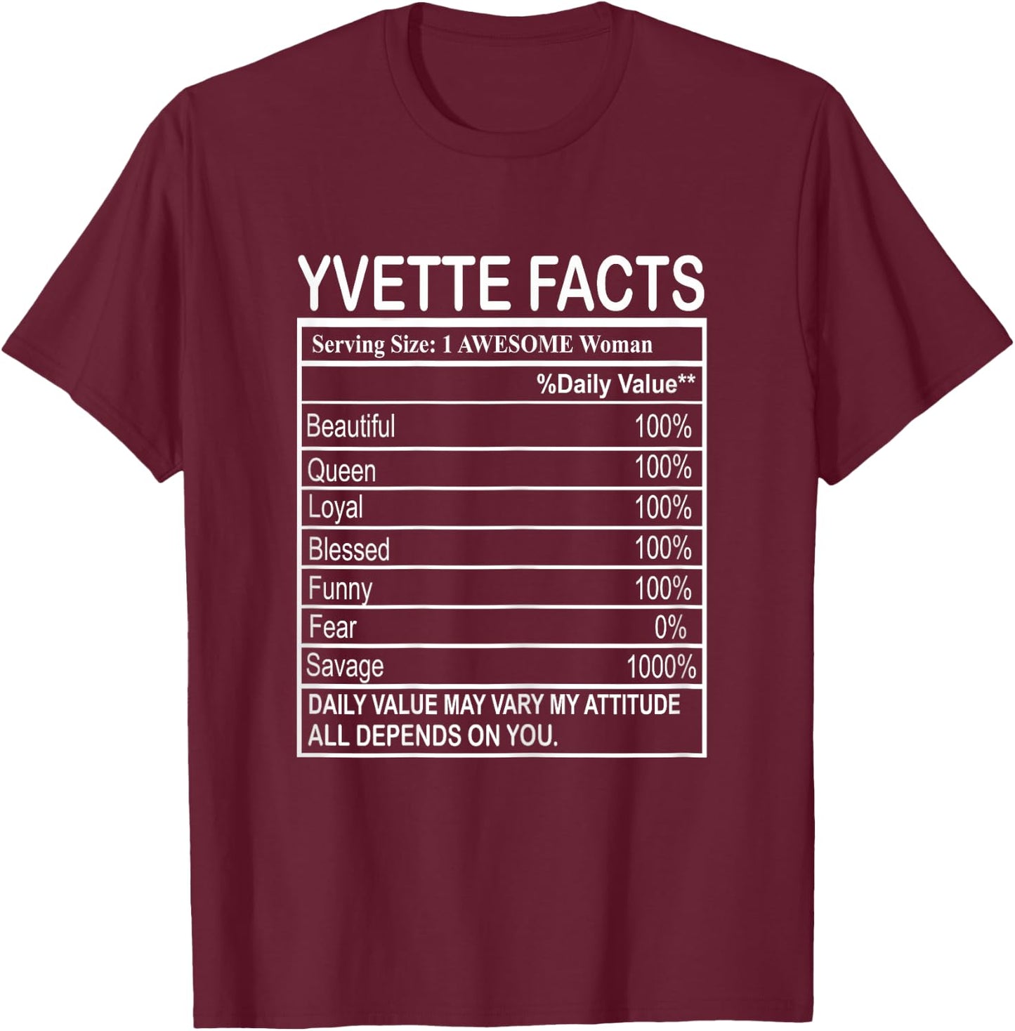 Yvette Nutrition Serving Traits Facts Woman Named Yvette T-Shirt - T-Shirt | Maroon