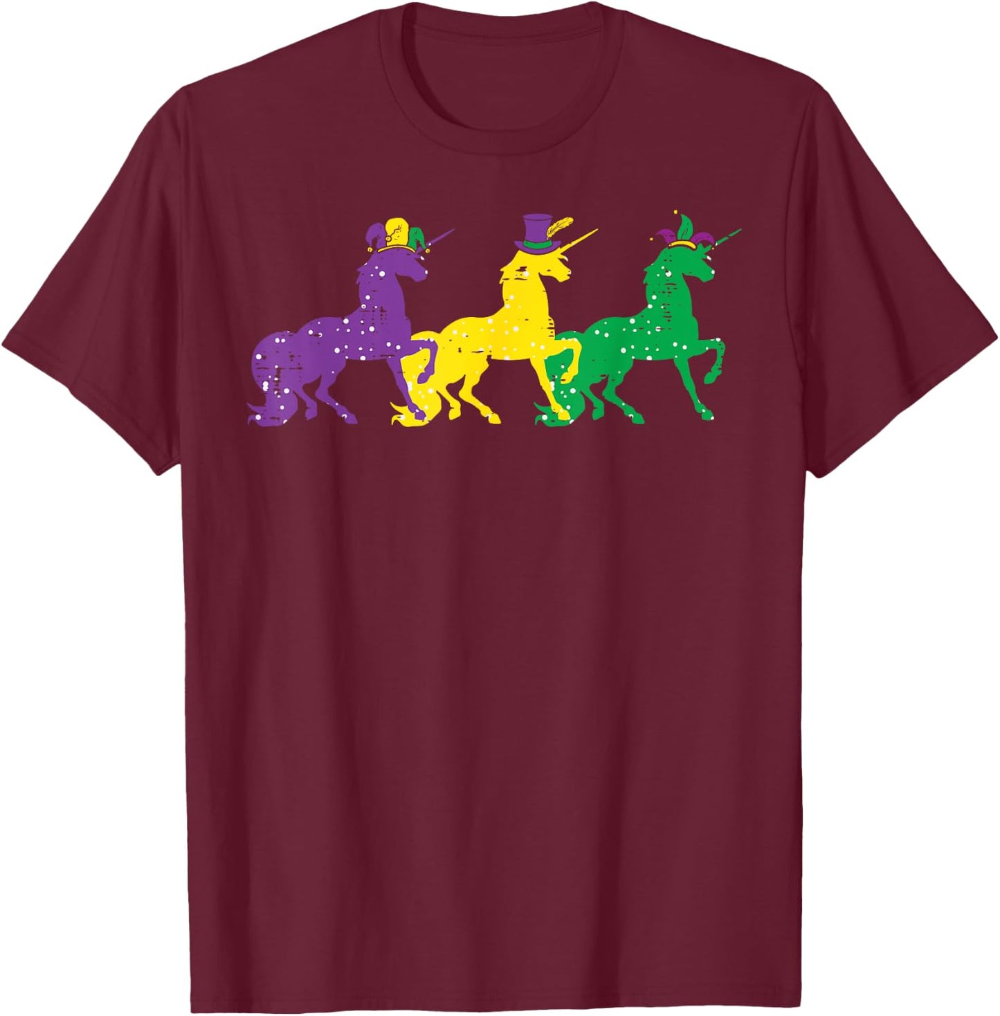Purple Yellow Green Unicorns Mardi Gras Women Girls Kids T-Shirt - T-Shirt | Maroon
