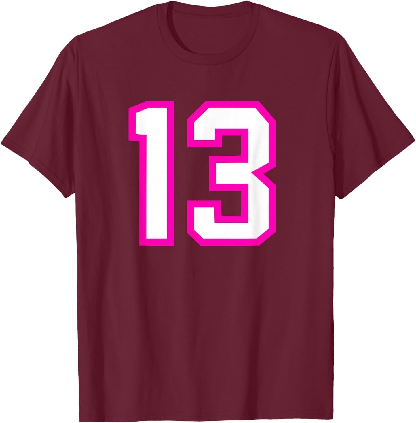 Number #13 Sport Pink White Varsity Number T-Shirt - T-Shirt | Maroon