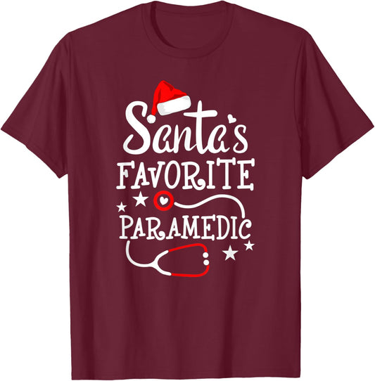 Santa's Favorite Paramedic Christmas Medical Technician EMT T-Shirt - T-Shirt | Maroon