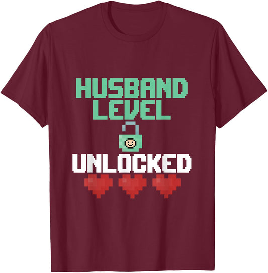 New Husband Level Unlocked Just Married Gamer Gift T-Shirt - T-Shirt | Maroon
