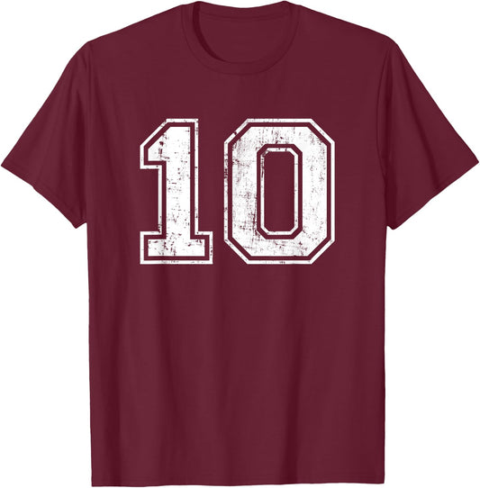 Number 10 Distressed Vintage Ten Sports Training Practice T-Shirt - T-Shirt | Maroon
