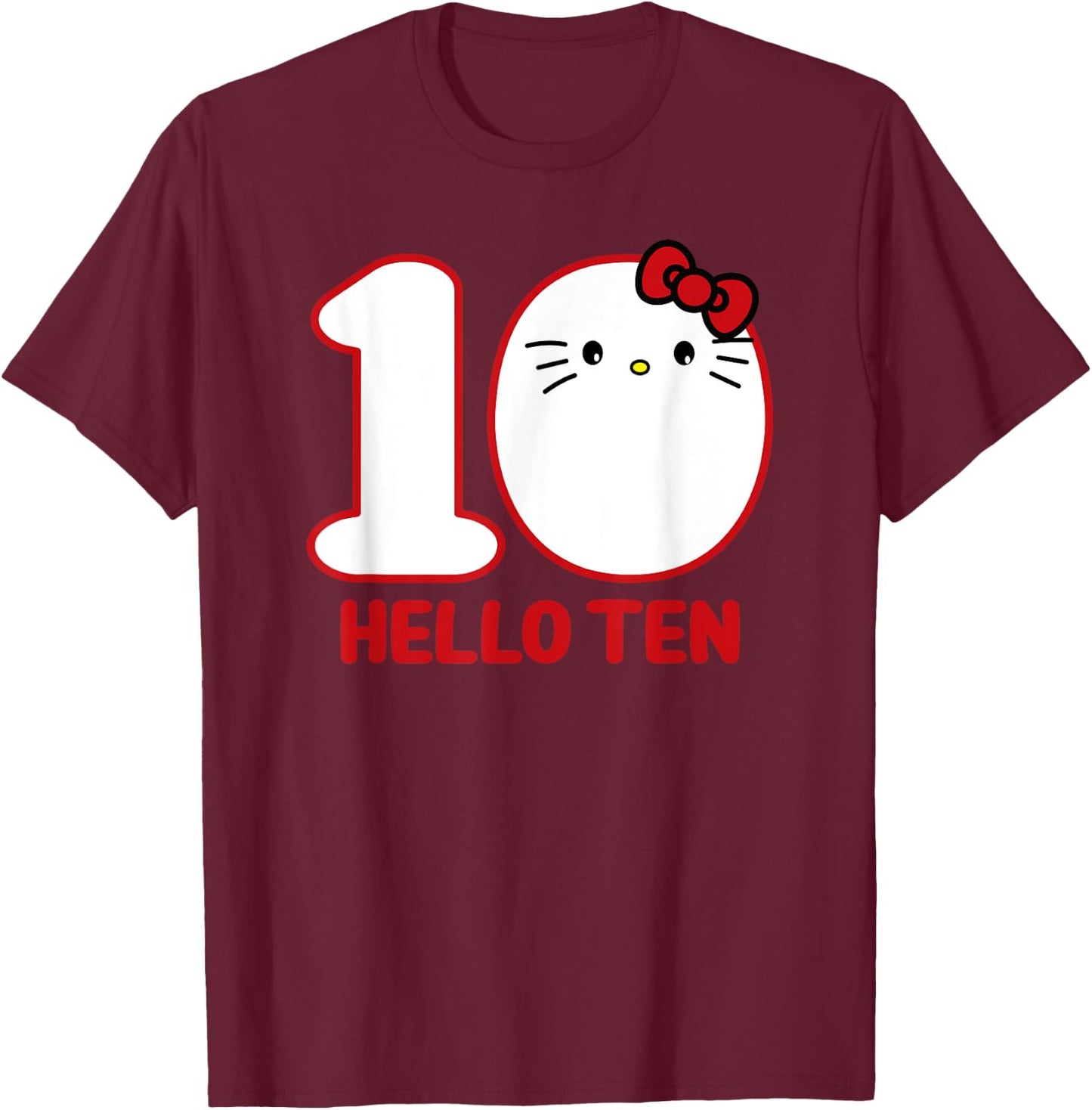 Happy Birthday Kitty, Cute Hello Ten Bday 10th Kawaii Gift T-Shirt - T-Shirt | Maroon