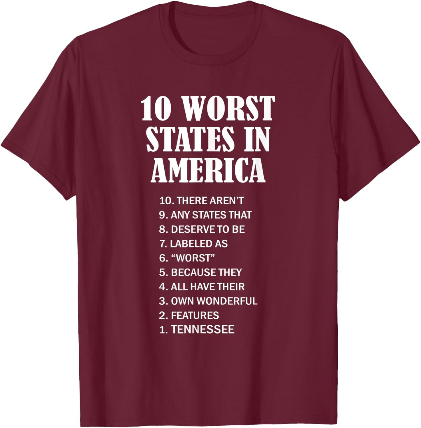 Tennessee - Ten Worst States in the US | TN Sucks - Funny T-Shirt - T-Shirt | Maroon