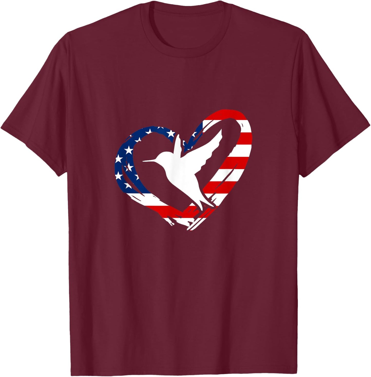 Hummingbird American Flag Heart USA 4th Of July T-Shirt - T-Shirt | Maroon