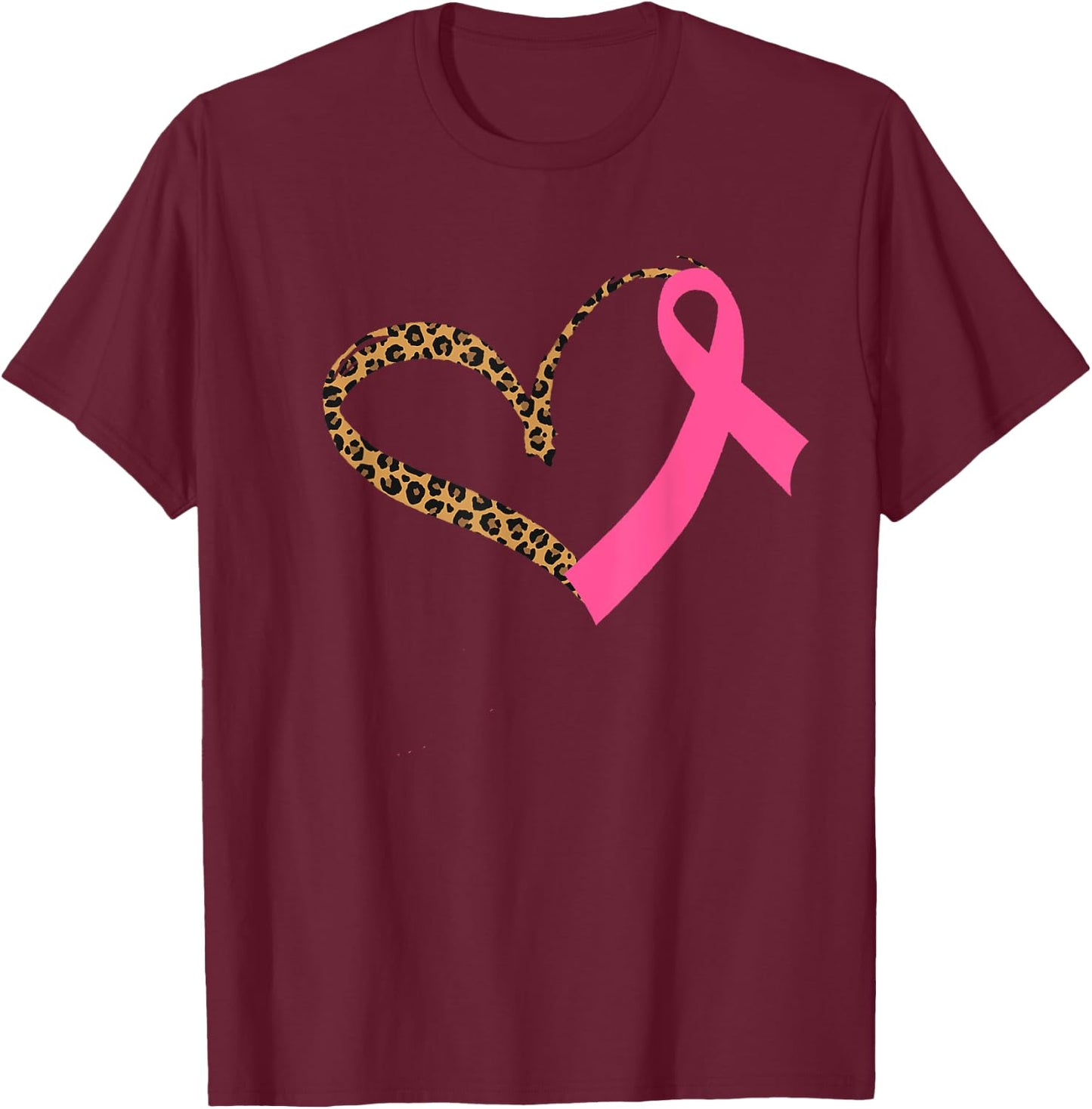 Breast Cancer Awareness Leopard Print Heart Pink Ribbon Mom T-Shirt - T-Shirt | Maroon