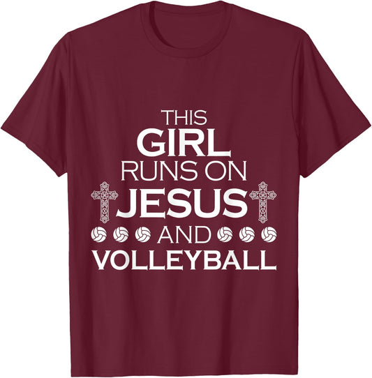This Girl Runs On Jesus And Volleyball - Girls Volleyball T-Shirt - T-Shirt | Maroon