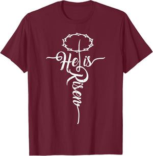He Is Risen Cross Jesus Religious Easter Day Christians T-Shirt - T-Shirt | Maroon